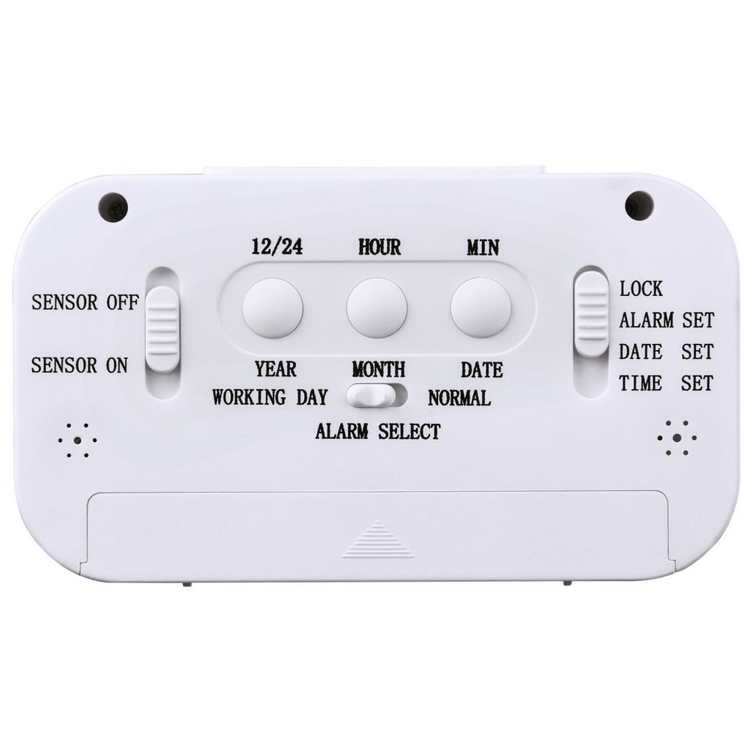 Un despertador digital blanco con varios botones para ajustes y ajustes de tiempo.