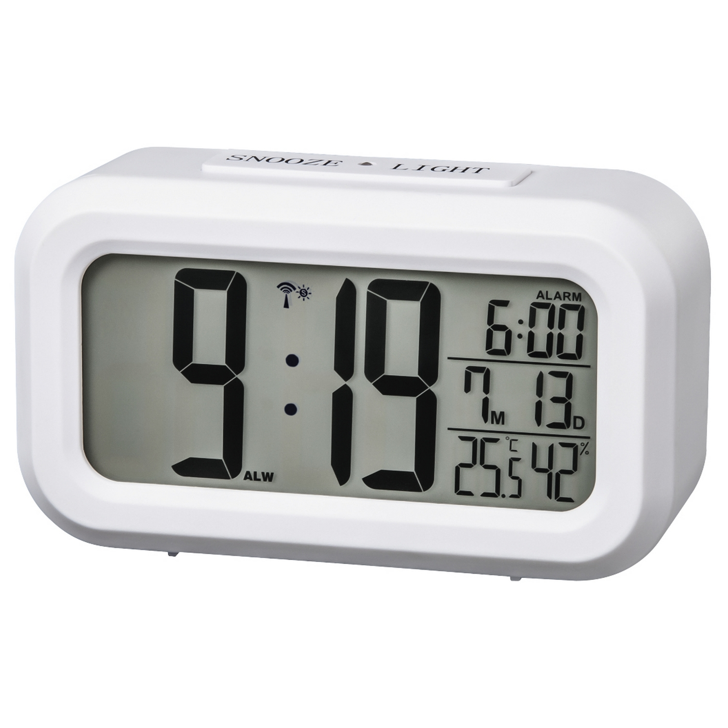 Un reloj digital blanco con números grandes que muestra la hora, la fecha y la temperatura, con repetición y luz.