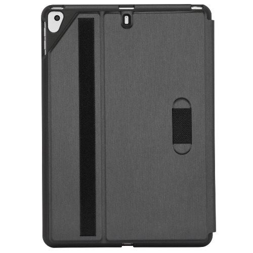 Funda de tableta gris oscuro con una correa negra y un cierre de velcro.