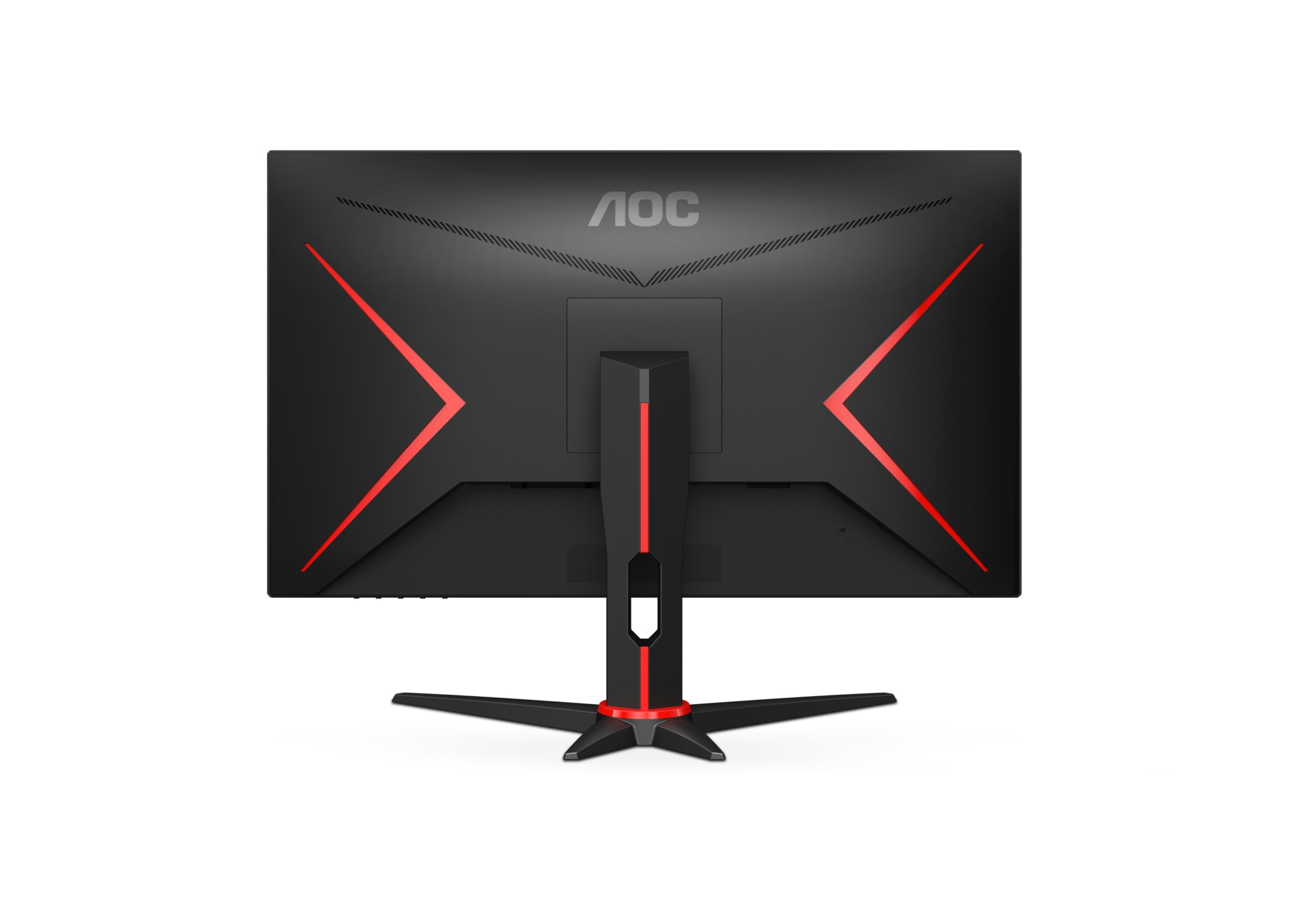 Rückansicht eines schwarzen AOC-Monitors mit roten Akzenten, zeigt Ständer und Logo.