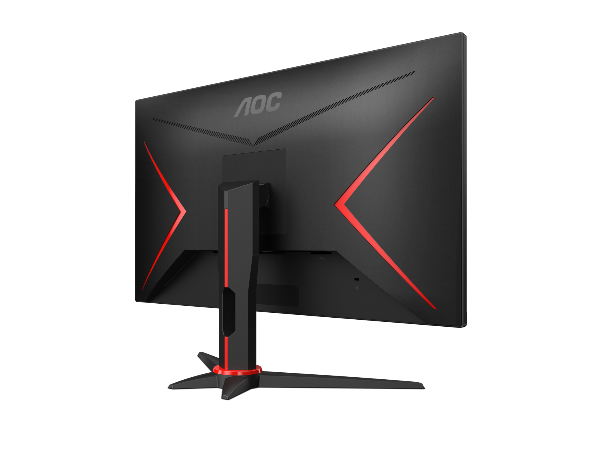 Rückansicht eines AOC-Monitors, schwarz mit roten Akzenten. Rote X-Formen auf der Rückseite. Der Ständer ist rot und schwarz.