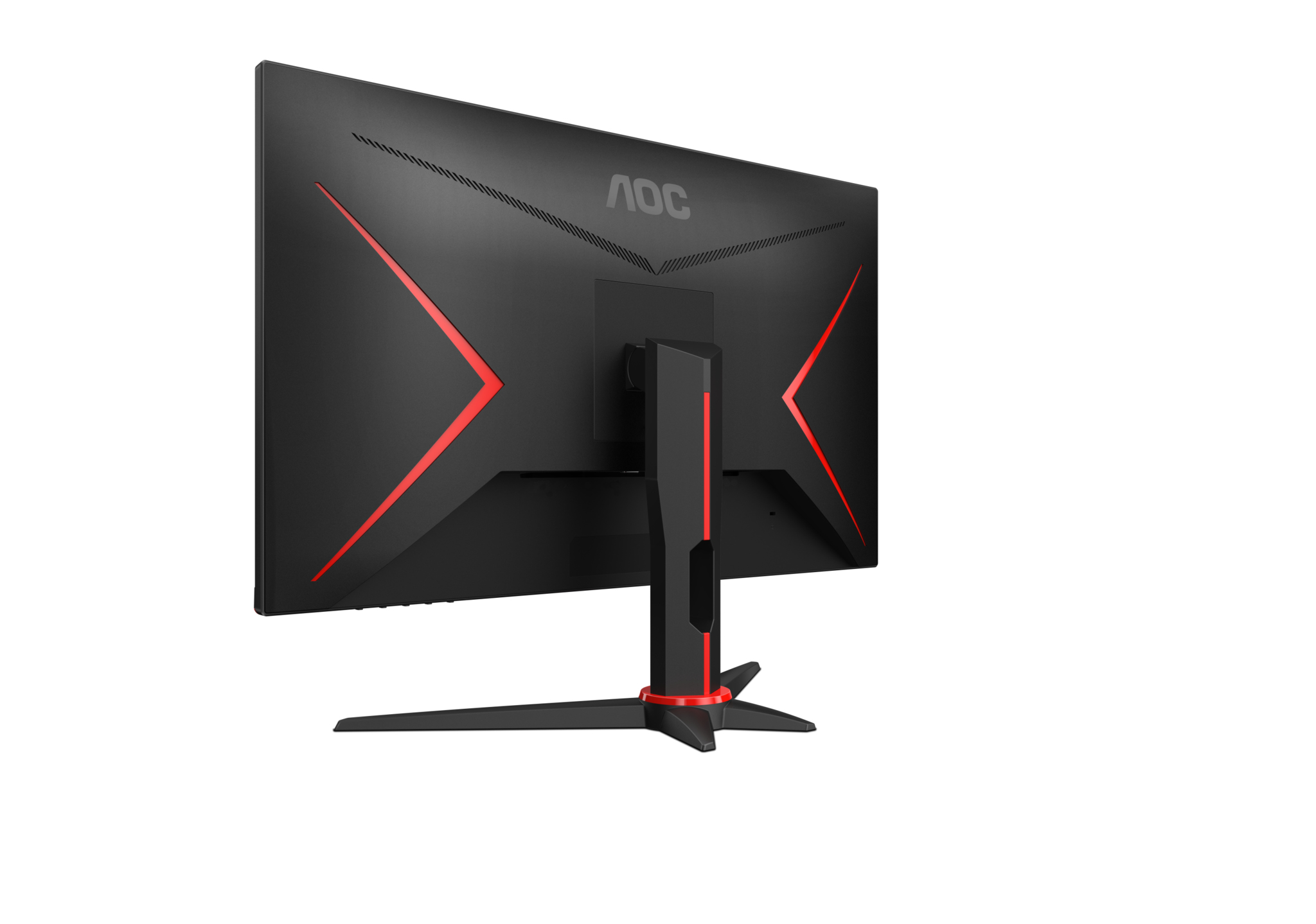 Rückseite eines schwarzen AOC-Monitors mit rotem Design, einem Ständer und dem AOC-Logo.