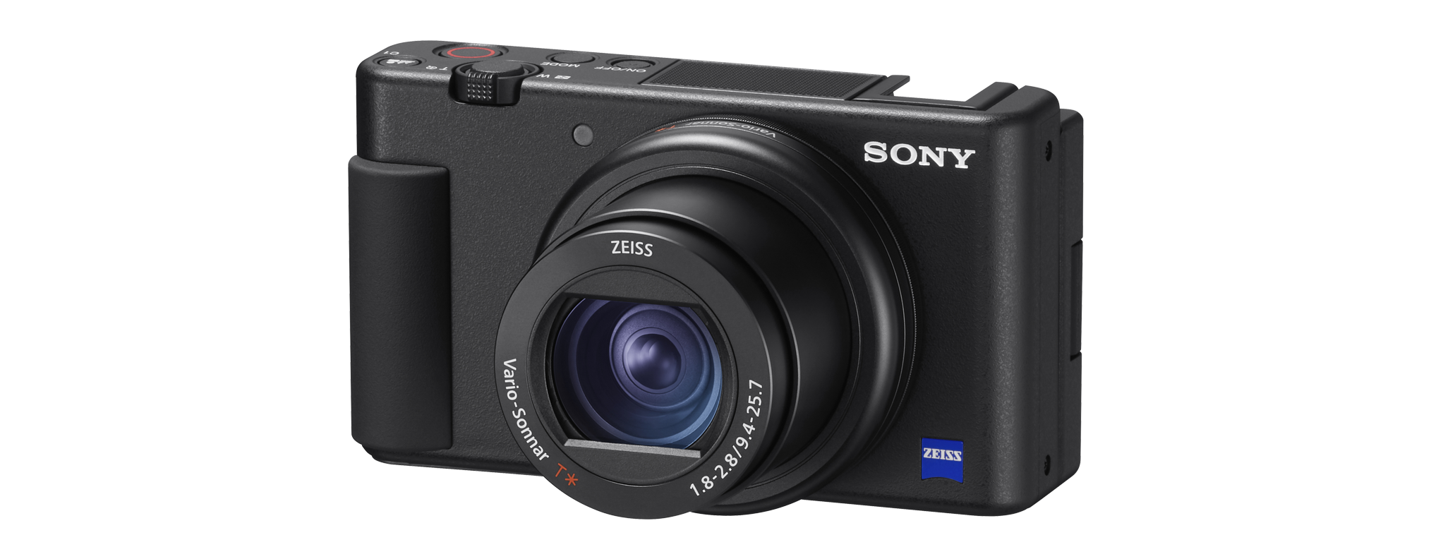 Fekete Sony kamera objektívvel és gombokkal. Zeiss optikával.