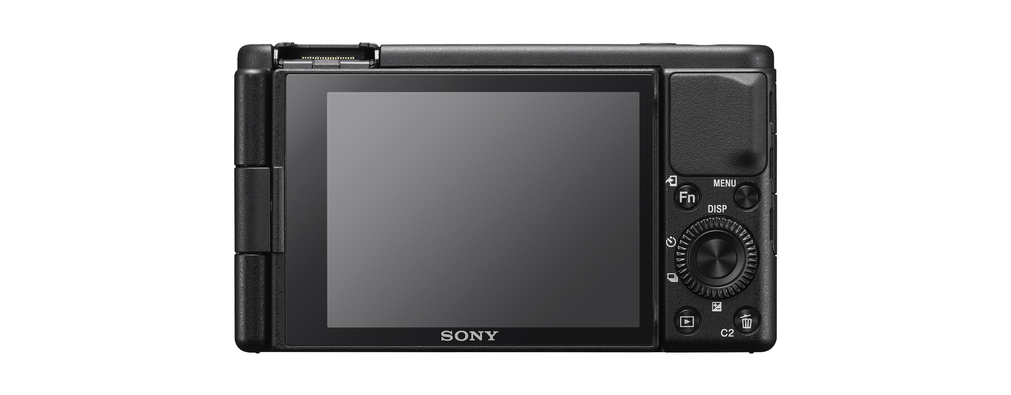 Egy fekete Sony digitális fényképezőgép hátulja. Van rajta egy képernyő, gombok és egy vezérlőtárcsa.