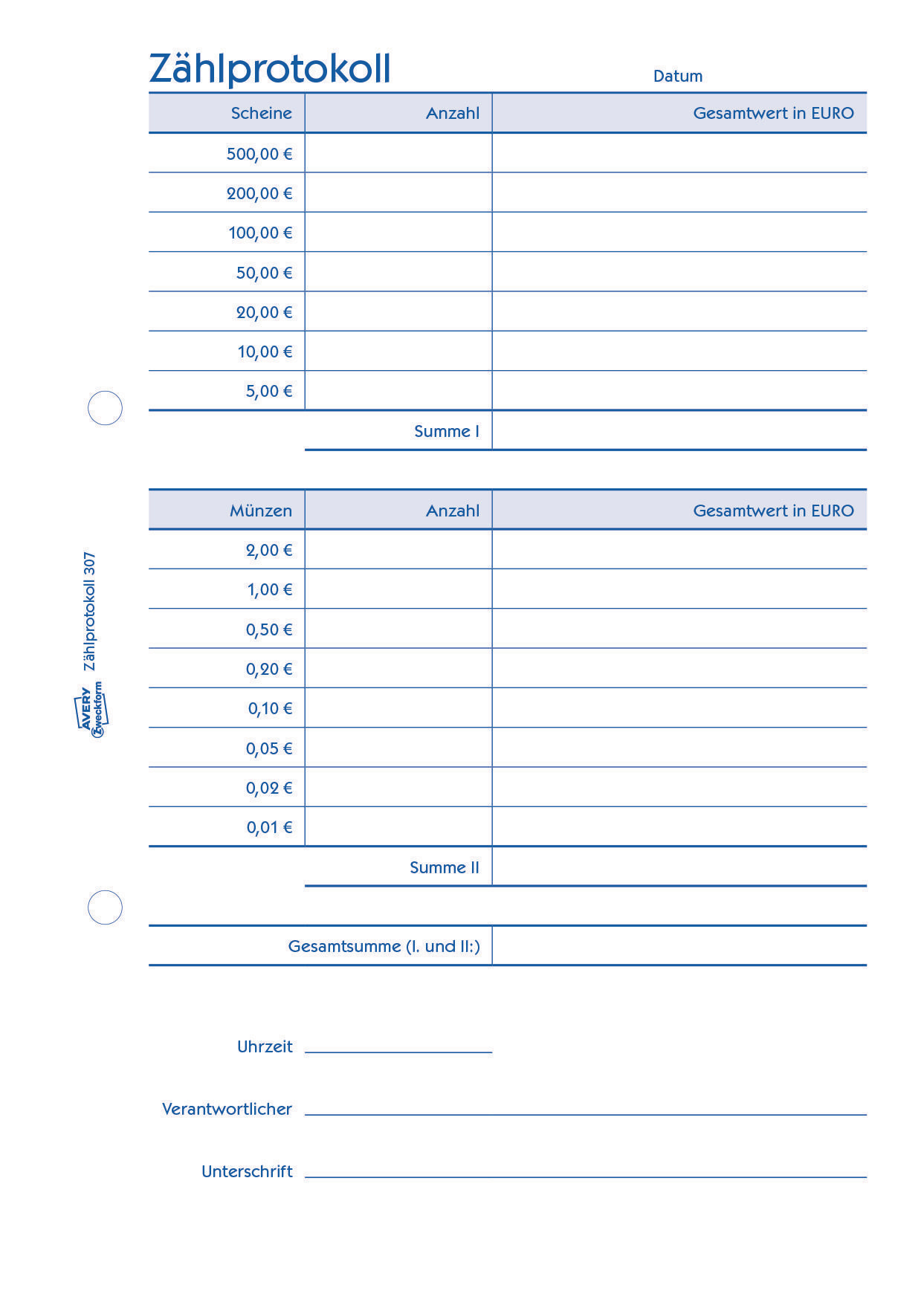 ZWECKFORM 307 AVERY cm 1 A5 21 14.8 Zahlprotokoll Zählprotokoll x