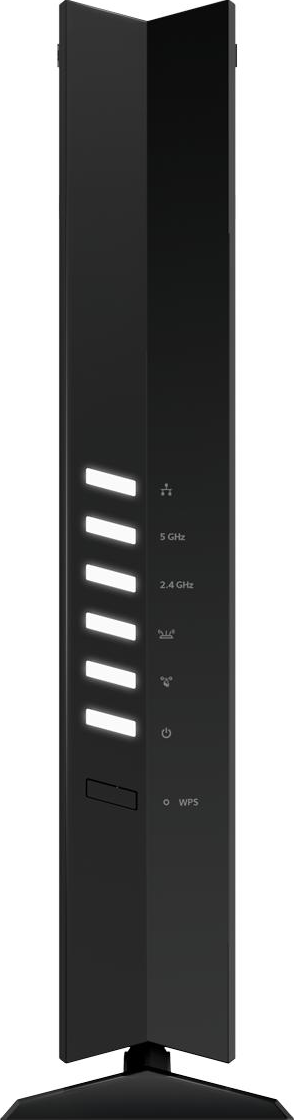 Schwarzer, hoher Router mit weißen Lichtern, hat Knöpfe und Anschlüsse unten.
