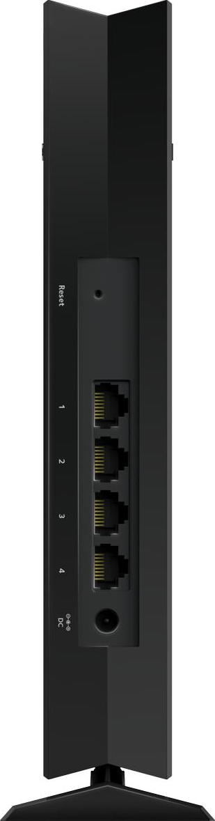 Schwarzer Netzwerkrouter mit Ethernet-Anschlüssen und einem Stromanschluss auf der Rückseite.