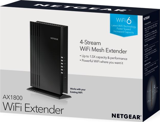 Eine Netgear Wi-Fi Mesh Extender Box mit Produktdetails und Wi-Fi 6 Logo.