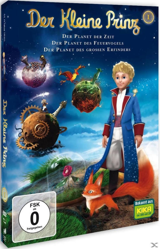 Eine DVD-Hülle mit einer Cartoon-Illustration eines Jungen, eines Fuchses, Planeten und Text.