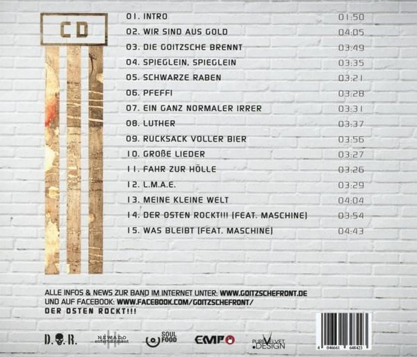 CD-Cover mit Bandnamen, Songtiteln, auf einem Backsteinmauerhintergrund. Text auf Deutsch.