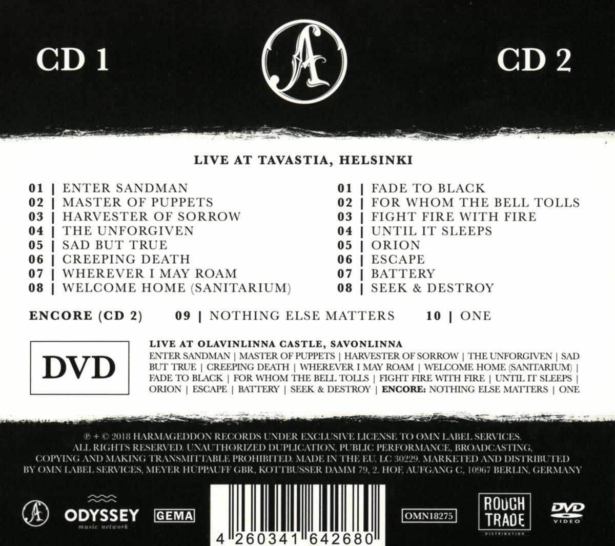 Un boîtier de CD avec la liste des titres d'un groupe, avec des logos.