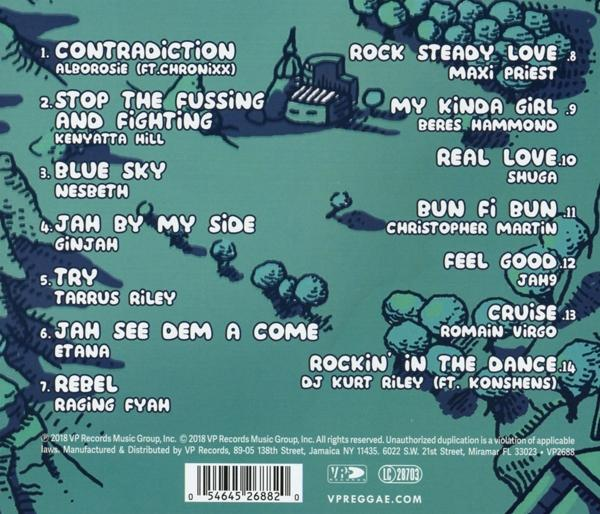 Rückseite einer CD-Hülle mit einer Cartoon-Karte einer tropischen Insel. Trackliste und Künstlerinfo sind sichtbar.