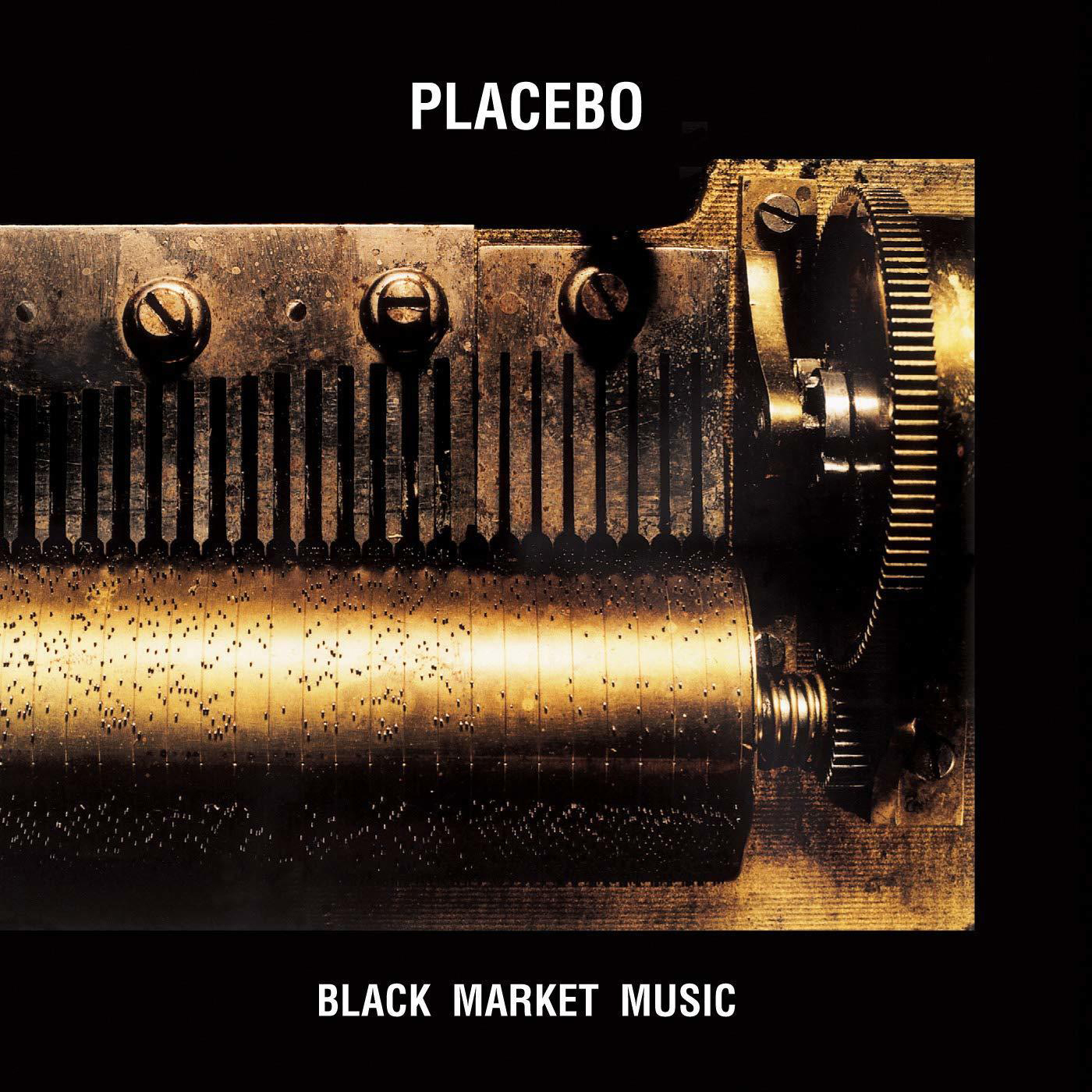 Albumcover mit alter mechanischer Spieluhr mit Zahnrädern, schwarzem Hintergrund und PLACEBO.