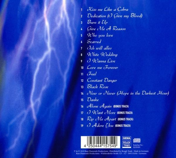 Album-Rückseite mit Titelliste. Enthält 19 Songs und Blitzdesign.