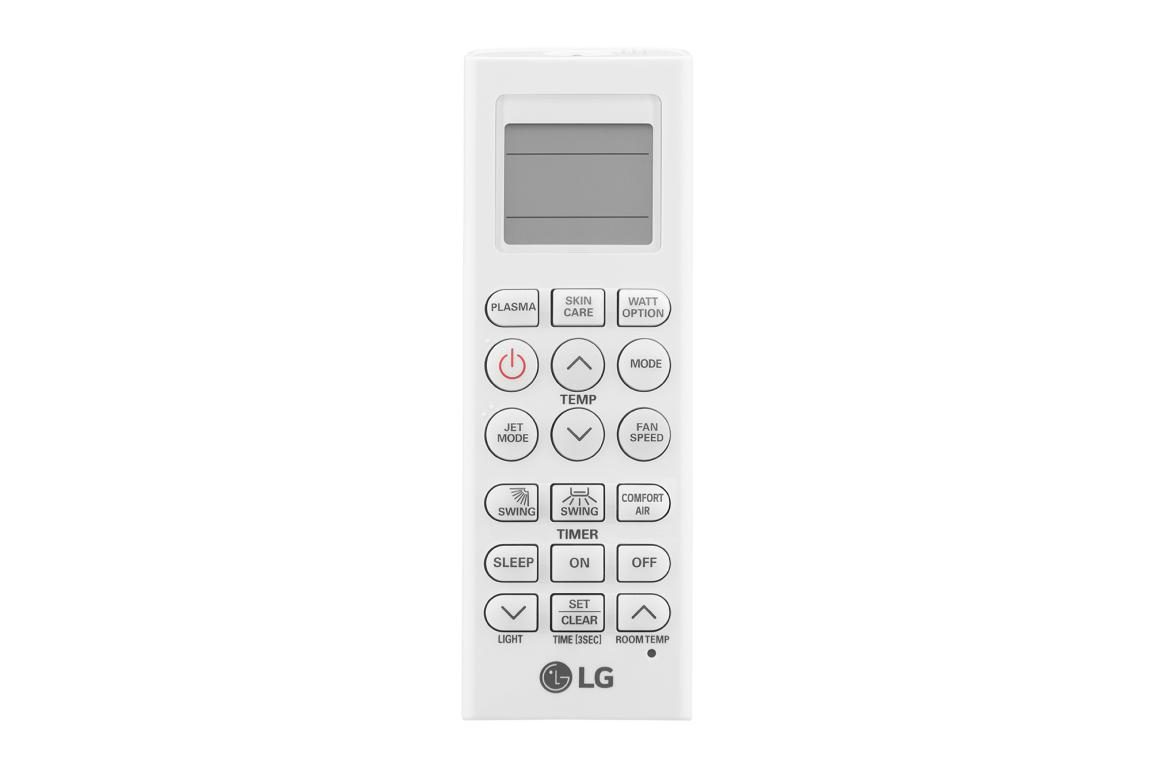 Control remoto LG blanco con múltiples botones: encendido, modo, temporizador y temperatura.