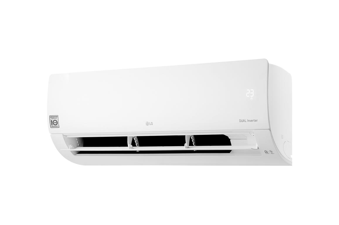 Aire acondicionado LG blanco montado en una pared. Tiene una pantalla digital que muestra la temperatura.
