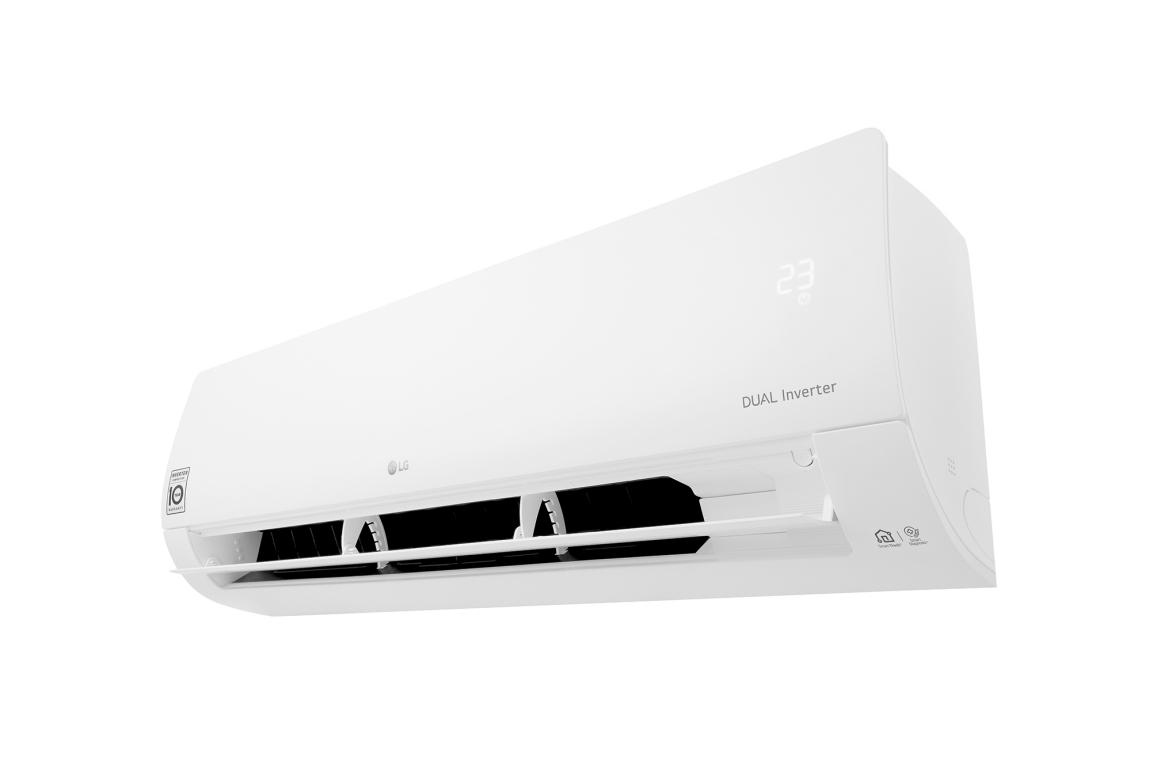 Aire acondicionado LG Dual Inverter blanco, vista en ángulo.