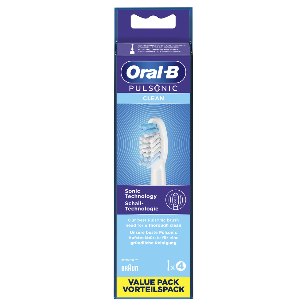 Schachtel mit Oral-B PulsSonic Clean Zahnbürstenköpfen. Die Verpackung ist blau-weiß mit einem Zahnbürstenkopf.
