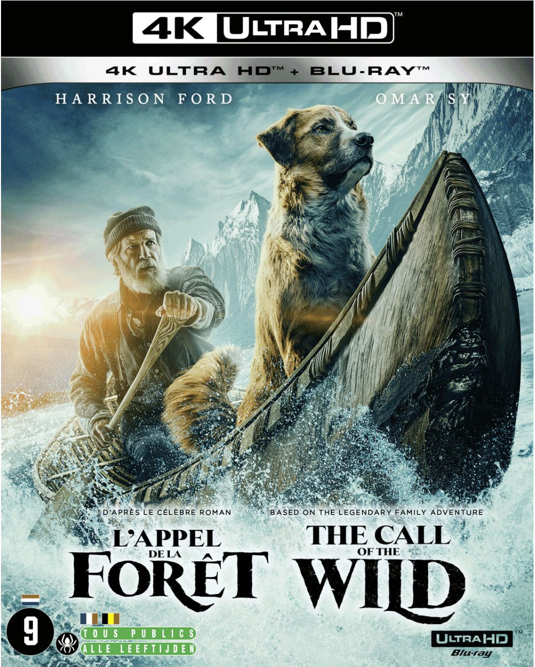 Filmposter: The Call of the Wild. Harrison Ford, een hond en een kano op een besneeuwde achtergrond.