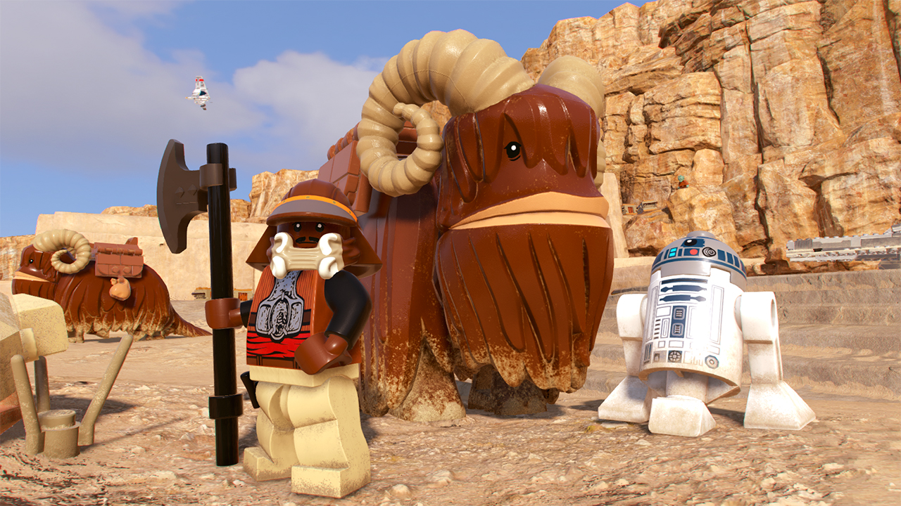 Scena LEGO Star Wars. Un Tusken Raider Lego con un'ascia.