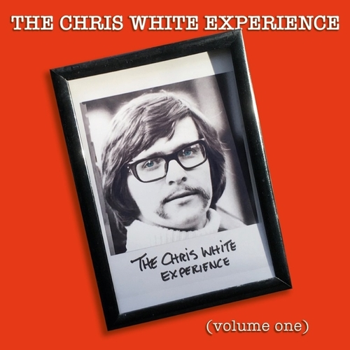 Albumhoes, The Chris White Experience. Zwart-wit foto, rode achtergrond.