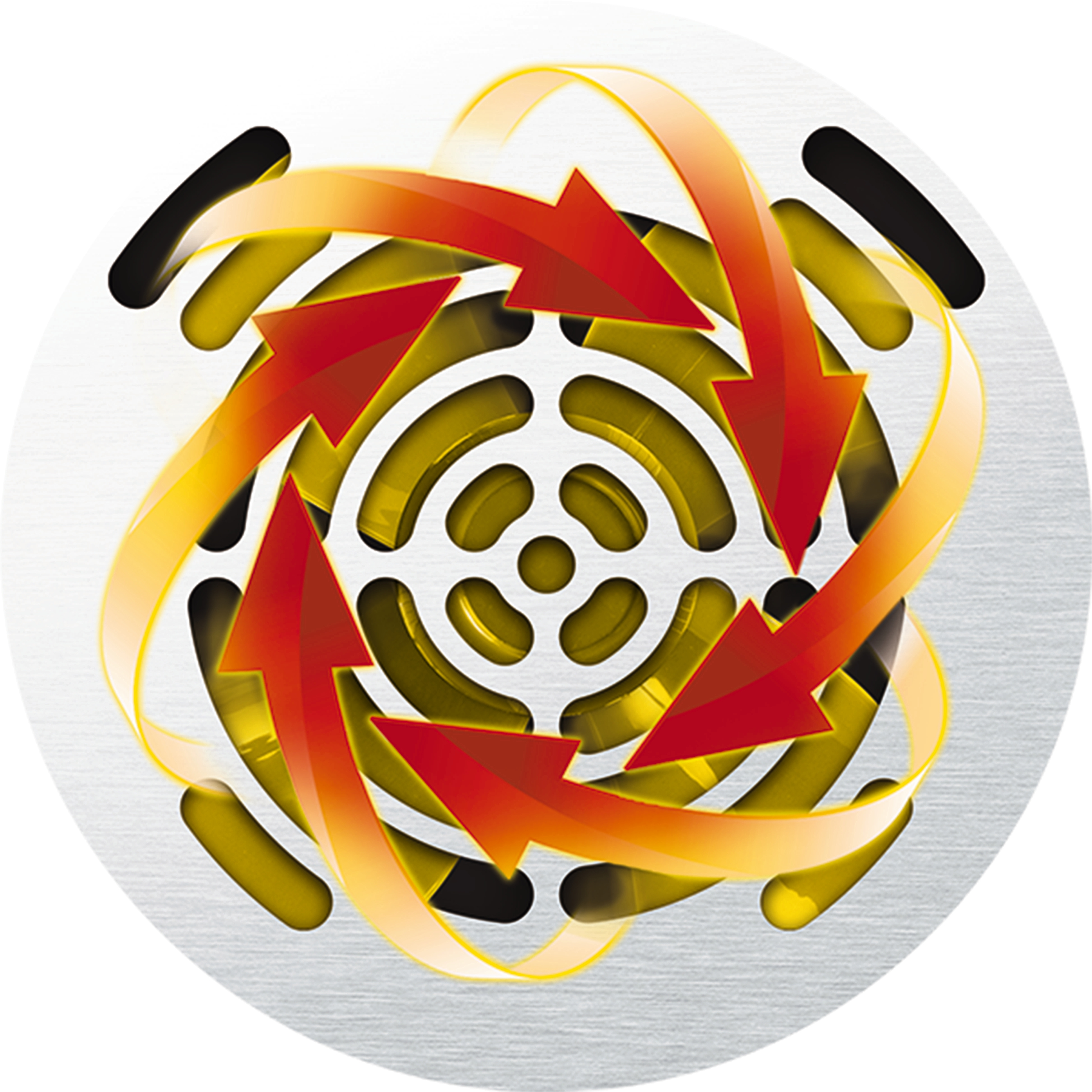An abstract image with red arrows over a yellow circular design.