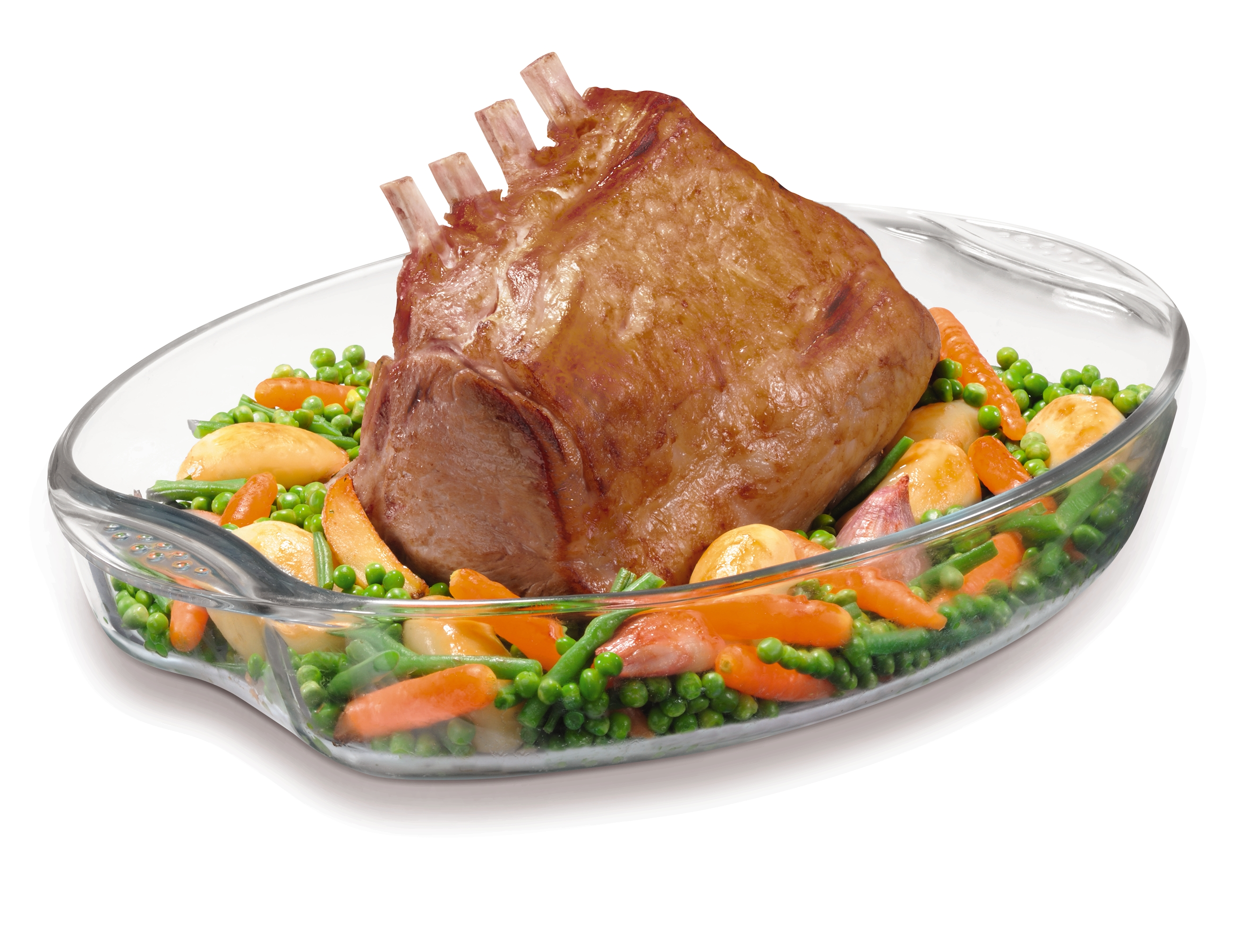Roasted rack of pork in a glass baking dish with vegetables.