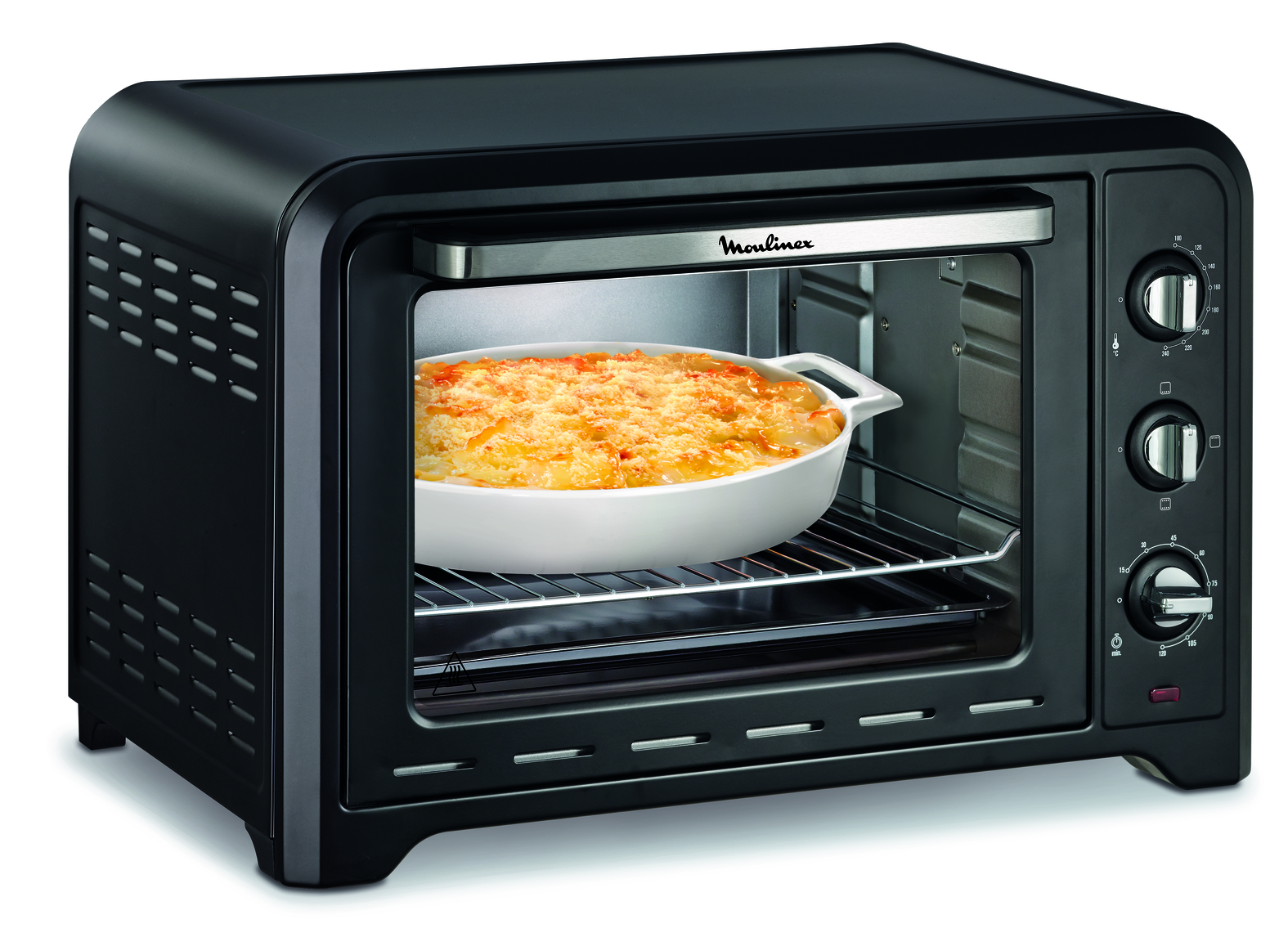 Black toaster oven with casserole dish inside, and control knobs.