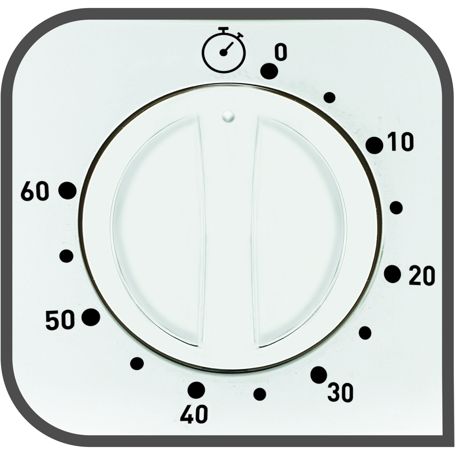 Witte timer met zwarte stippen en cijfers, van 0 tot 60. De timer staat op een witte achtergrond.