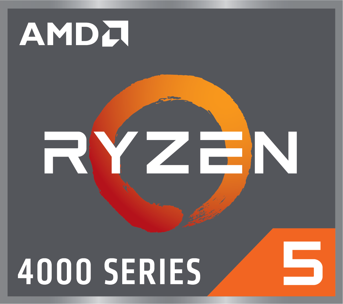 AMD Ryzen 5 4000 Serie Logo. Oranger Kreis, weißer Text auf grauem Hintergrund und eine orange 5.