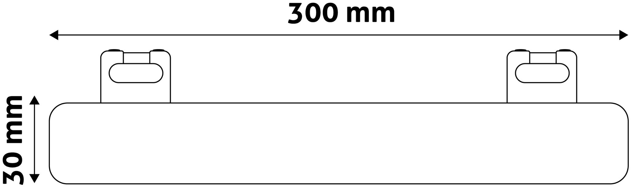 Fehér rajz egy téglalap alakú rúdról két megemelt résszel és méretekkel.