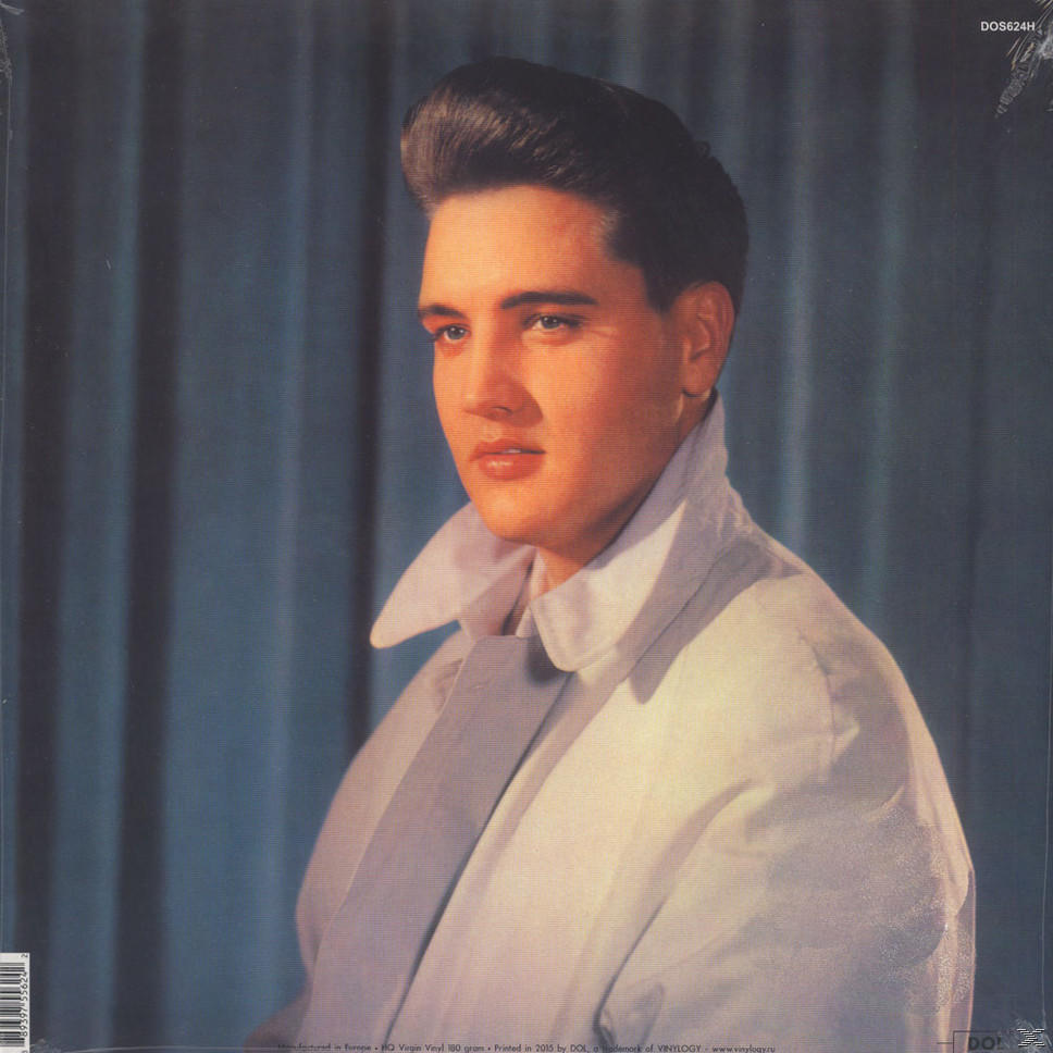 Elvis Presley arcának közeli képe egy albumborítón. Fehér dzsekit visel, és oldalra néz.