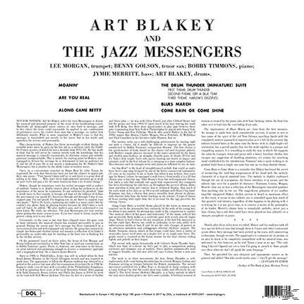 Art Blakey and The Jazz Messengers album borítója, fekete-fehér. A zenekar tagjait és a dalok címeit tartalmazza.