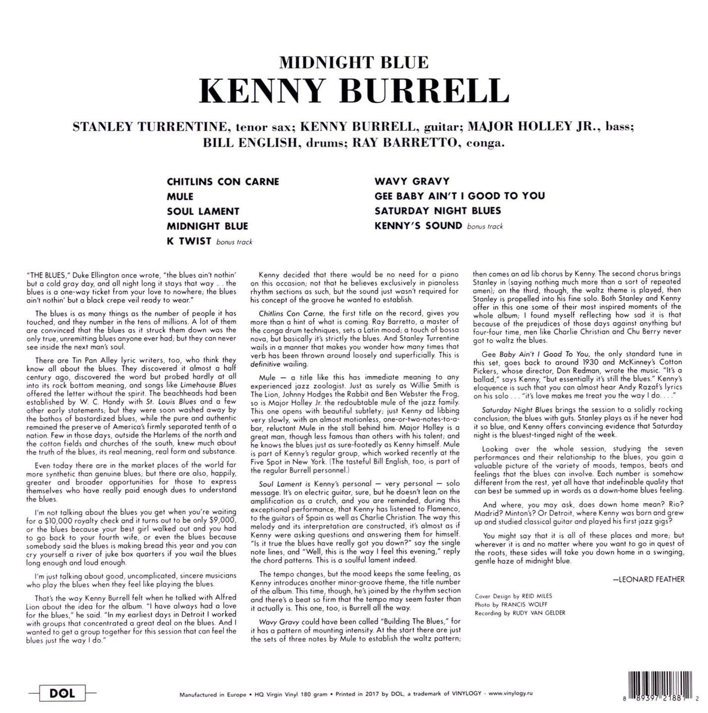 Album borító: Kenny Burrell, 'Midnight Blue' címmel, számlistával és zenészek nevével.