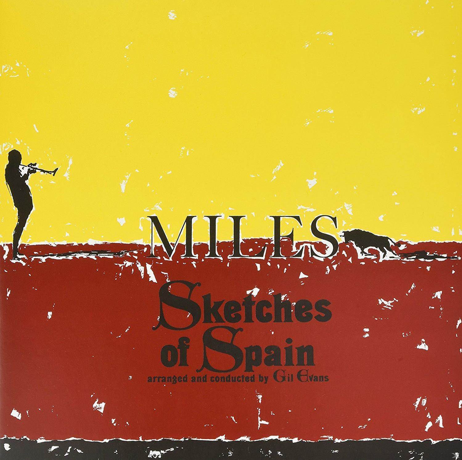 Album borító, Sketches of Spain. Egy trombitázó férfi sziluettje. Piros és sárga háttér.