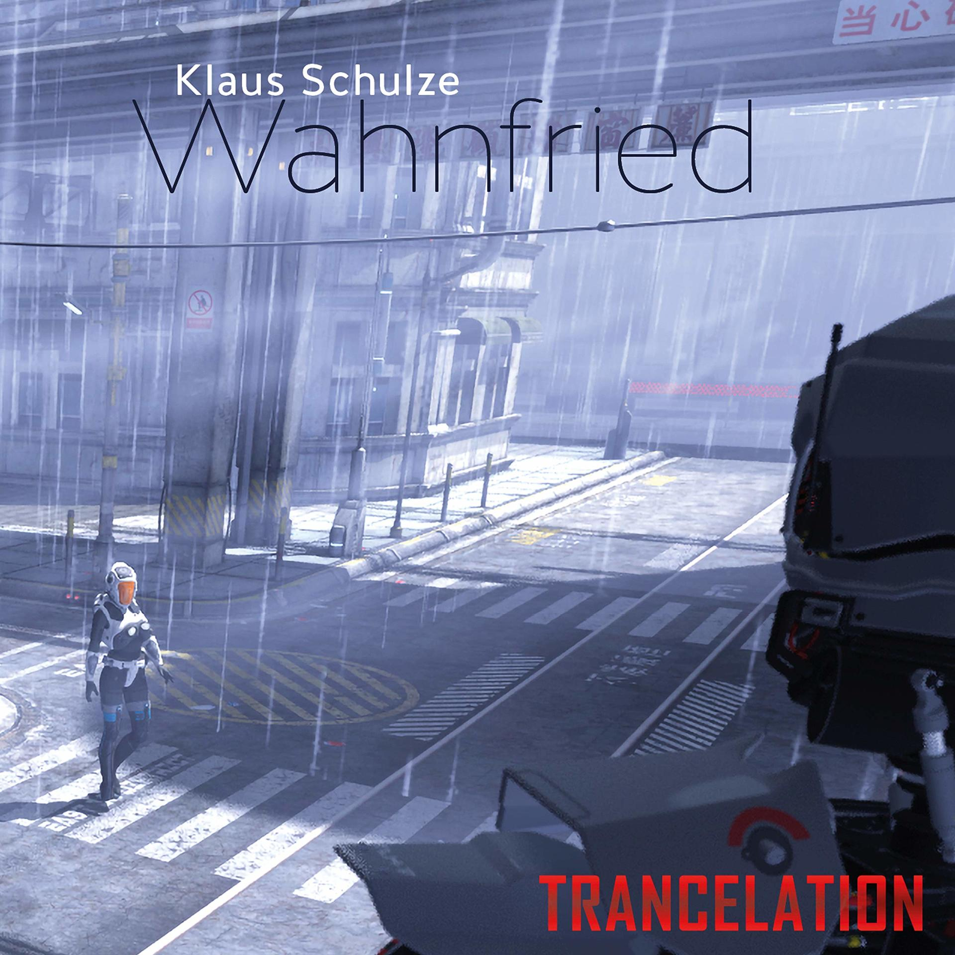 Sci-Fi-Stadtszene im Regen. Eine Person in einem Anzug geht über einen Zebrastreifen. Oben steht „Wahnfried“ von Klaus Schulze.