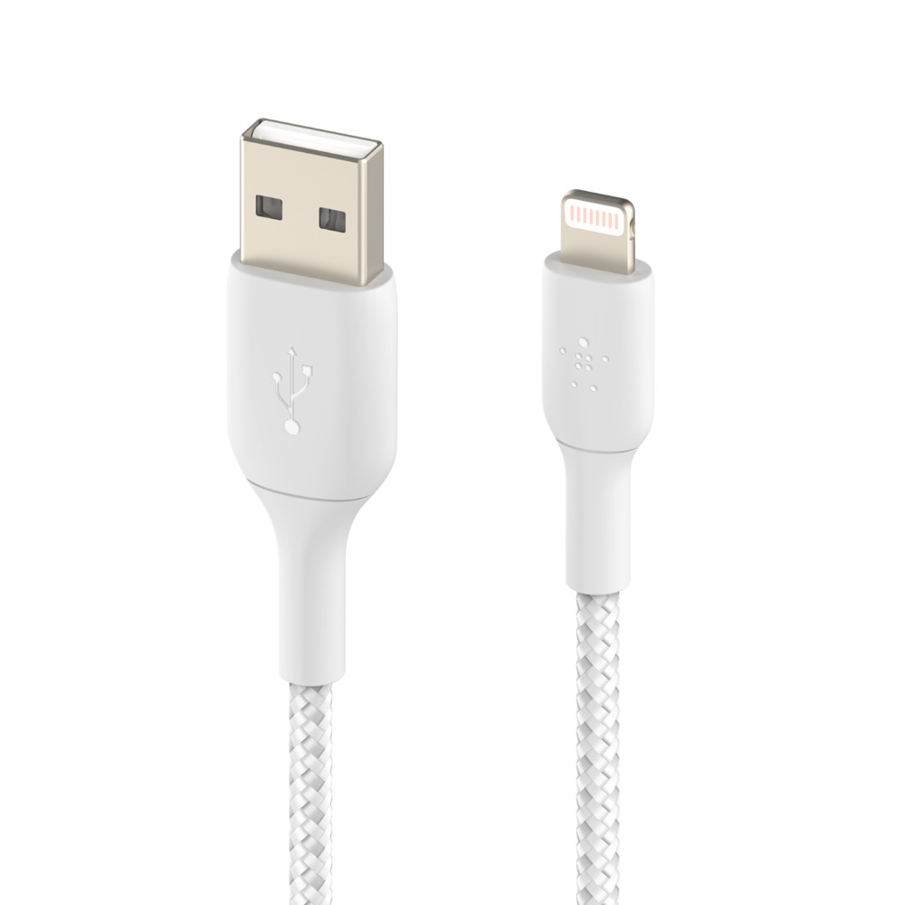 Örgülü tasarıma sahip beyaz USB - lightning kablosu.