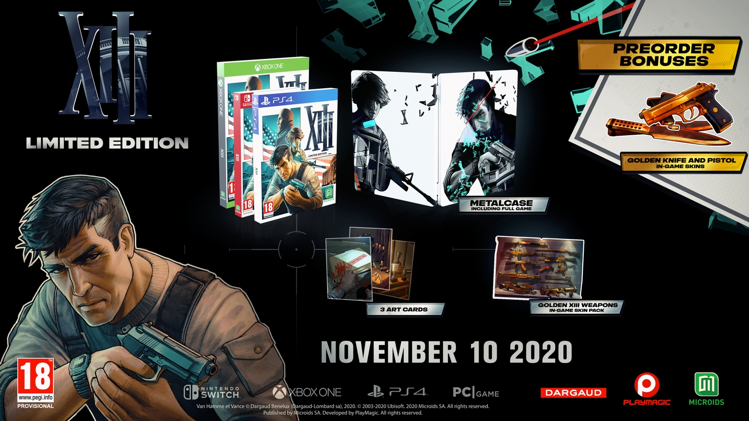 Una imagen promocional de un videojuego, con cajas de juegos, personajes y texto.