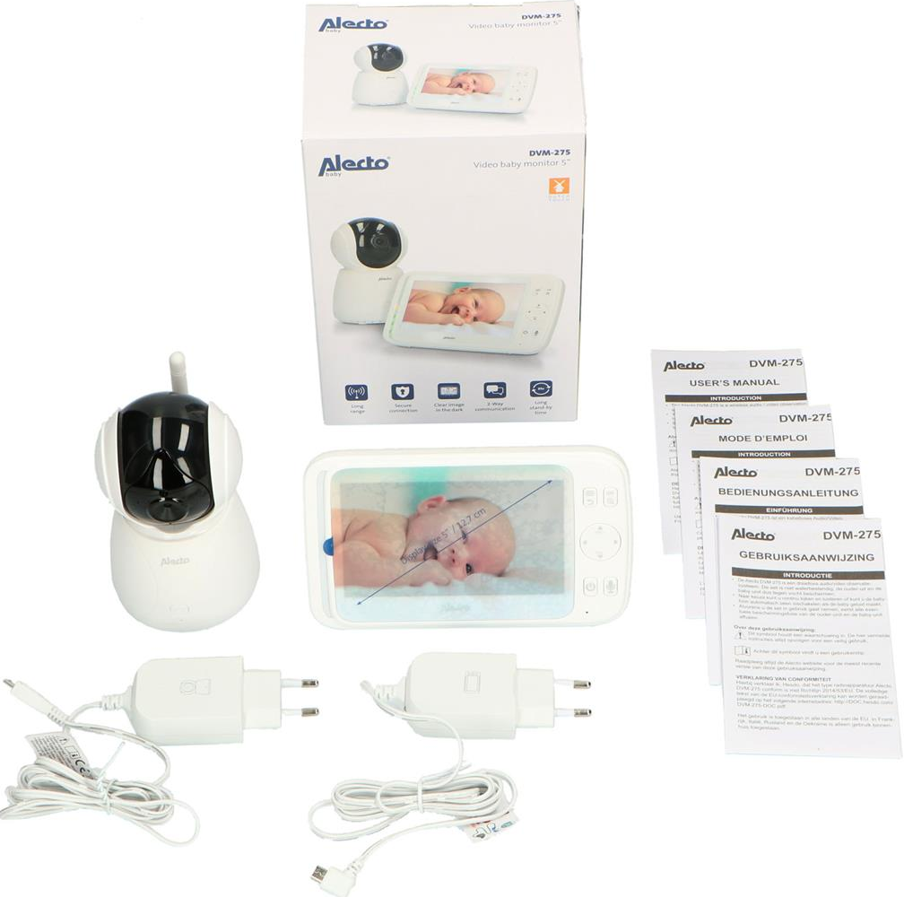 Ein Babyphone-Set mit Kamera, Monitor, Netzadaptern und Handbüchern.