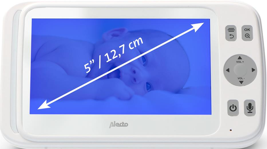 Ein weißer Babyphone-Bildschirm, der ein Baby und Messungen in cm und Zoll zeigt.