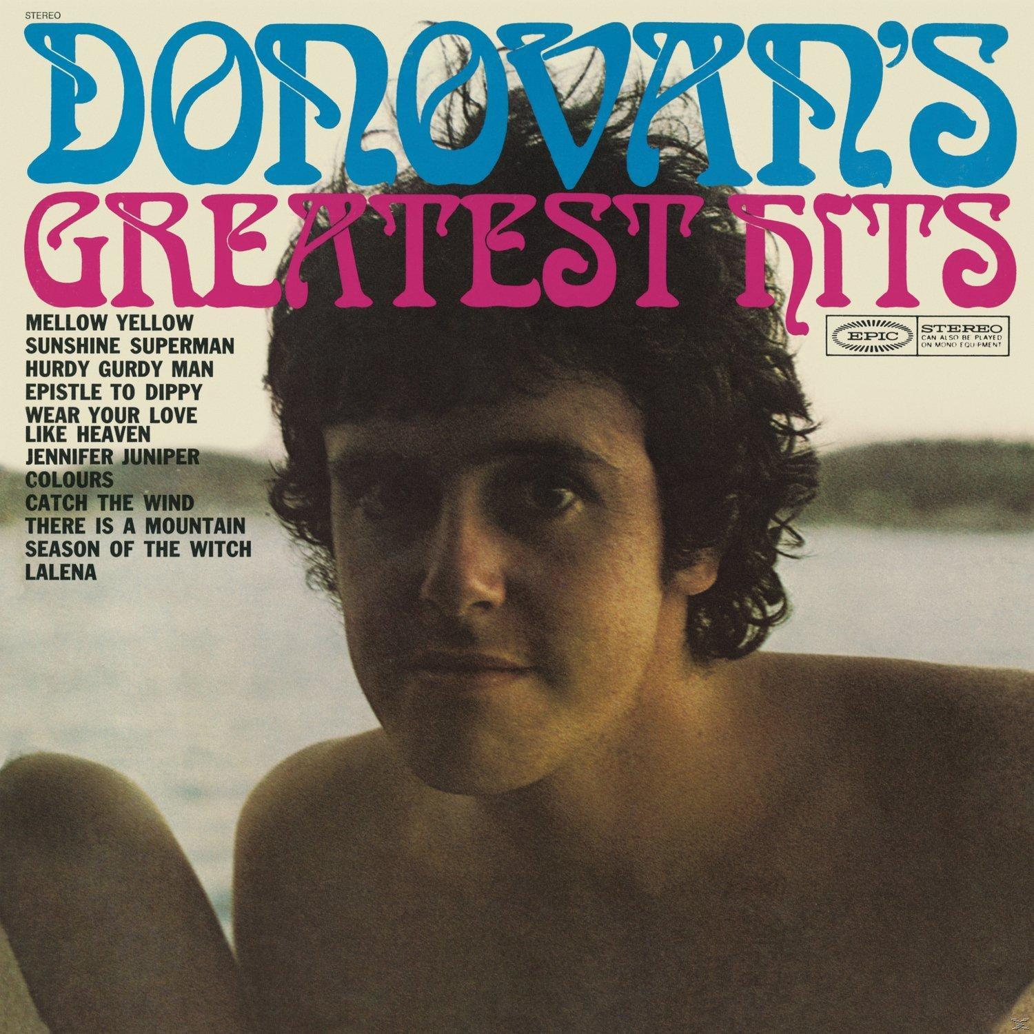 Album borító: Donovan's Greatest Hits. Donovan arca, a számok listája világoskék háttéren.
