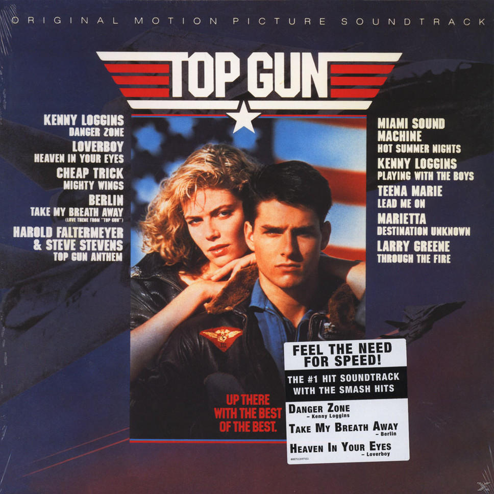 A Top Gun filmzene borítója. Tom Cruise-t és egy nőt ábrázol, a dalok címeivel és egy sugárhajtású repülőgéppel.