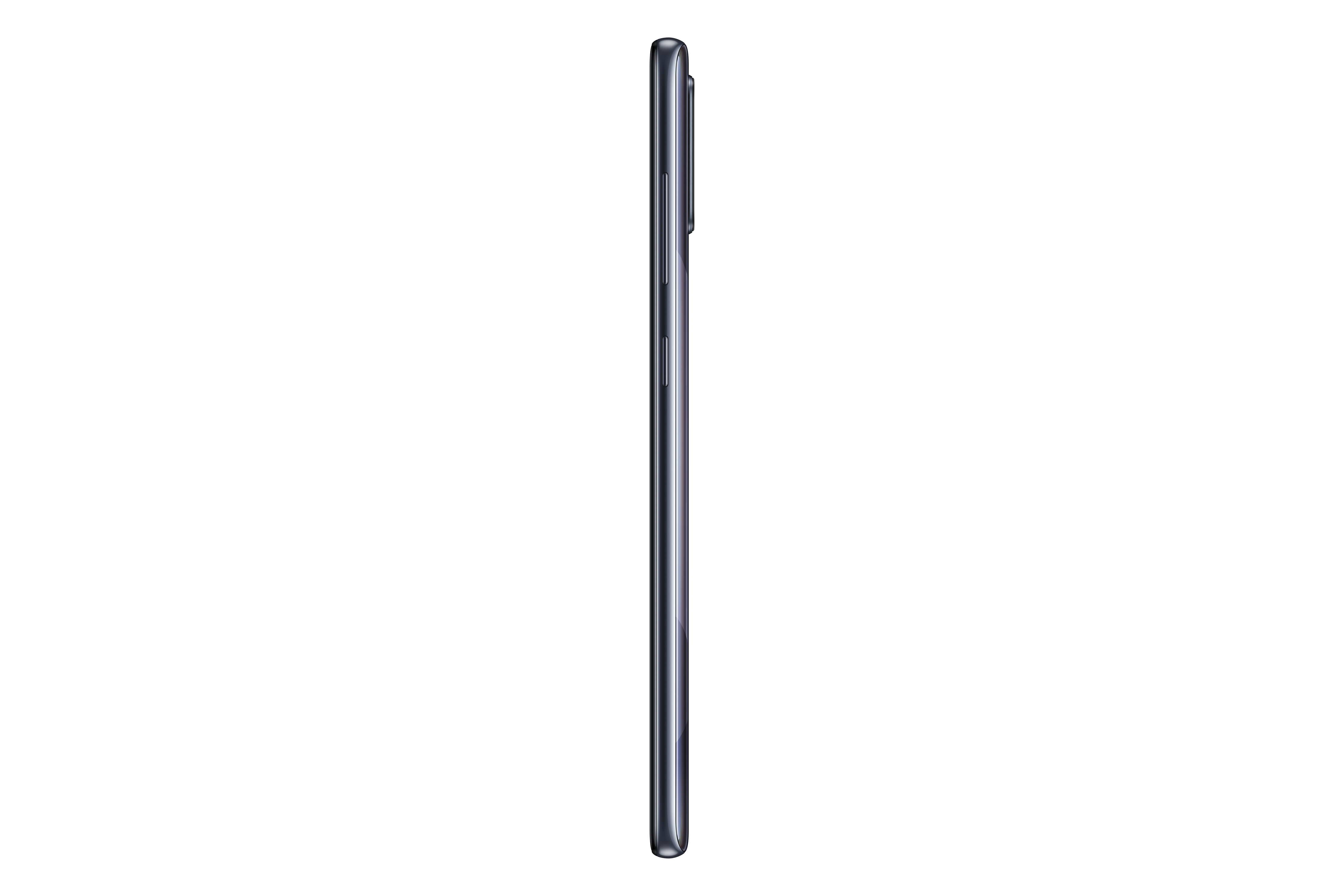 Vista lateral de un smartphone azul oscuro, mostrando un diseño elegante y minimalista.