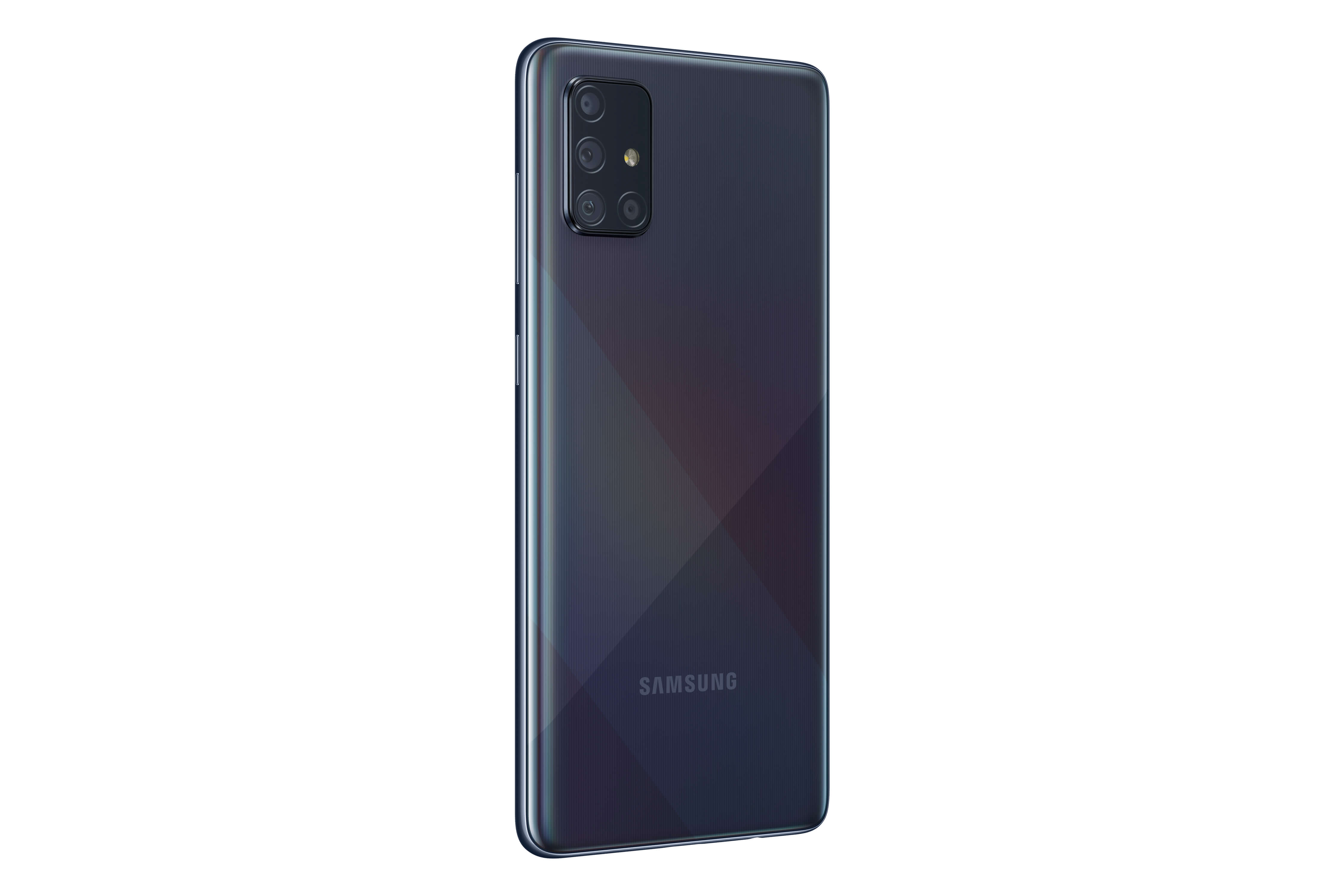 Parte trasera de un teléfono Samsung negro. Tiene múltiples cámaras y un patrón texturizado.