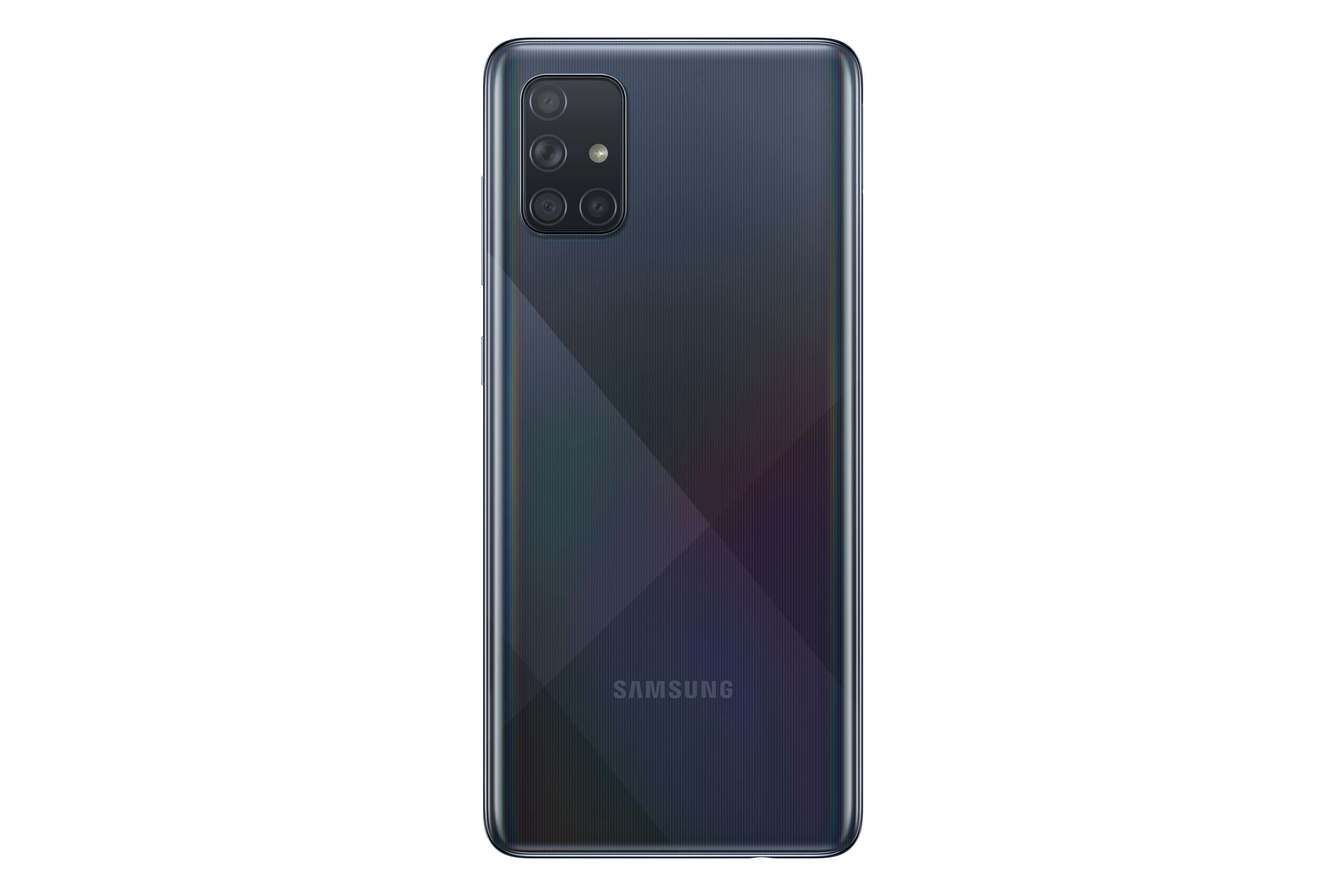 Teléfono Samsung negro, vista trasera, con múltiples cámaras y logo Samsung.