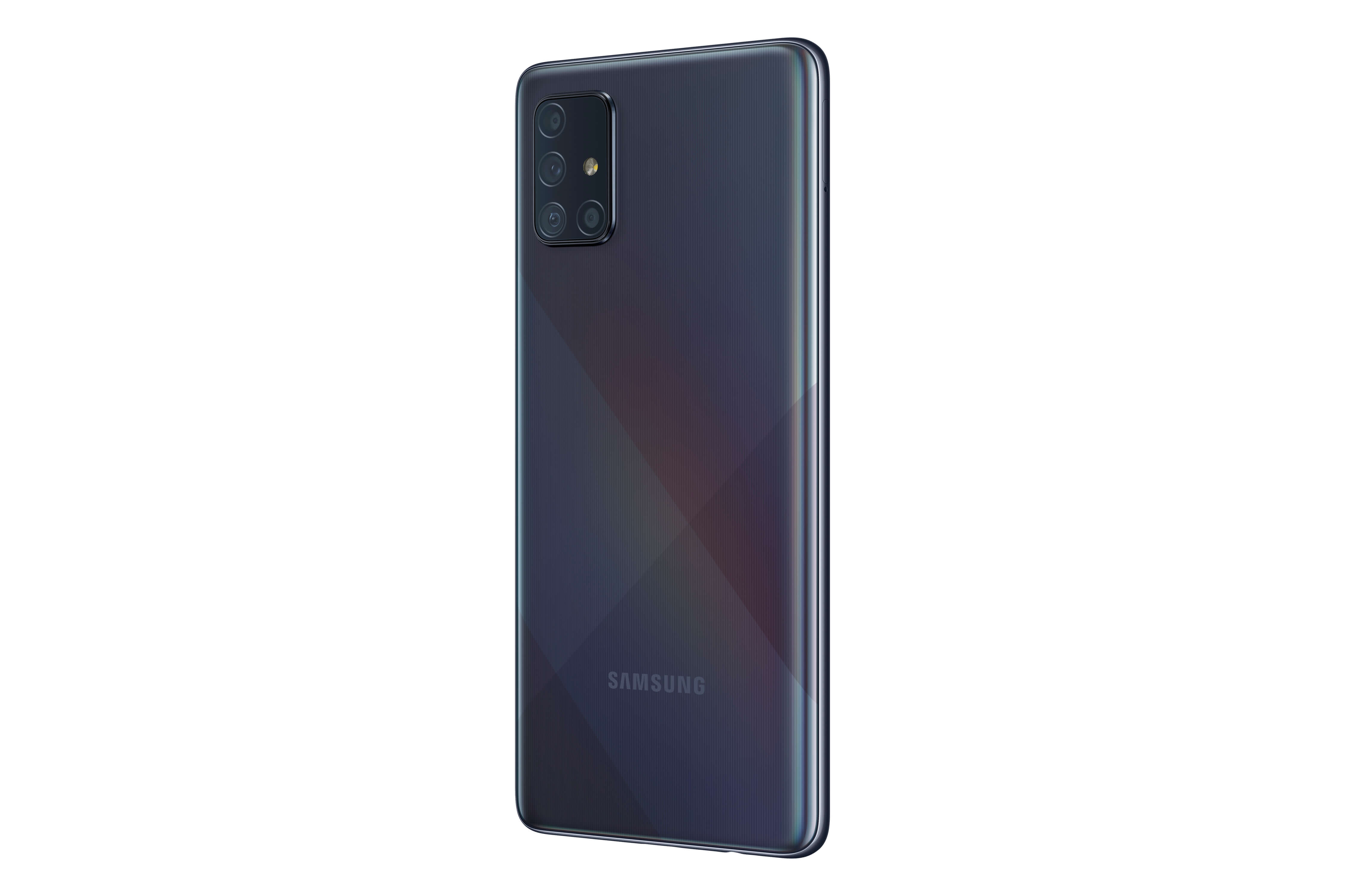 Un teléfono Samsung Galaxy A71 de color púrpura oscuro.