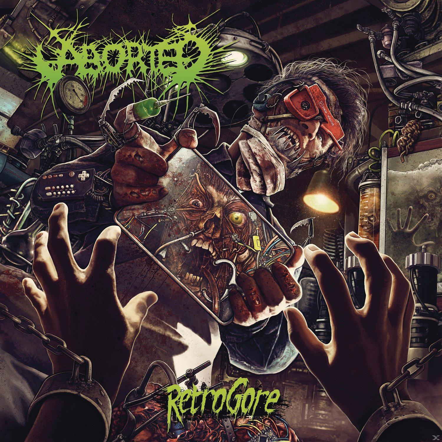 Albumcover: eine groteske Szene eines medizinischen Experiments. Text: RetroGore, Aborted.