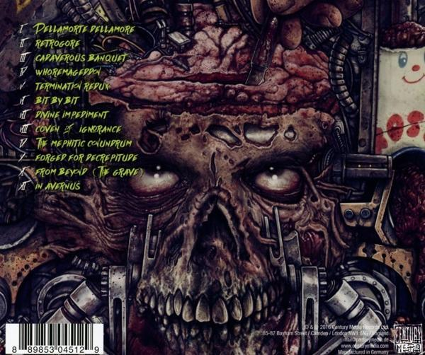 Albumcover mit Totenkopfbild und einer Liste von Titeln. Der Hintergrund ist düster und gruselig.
