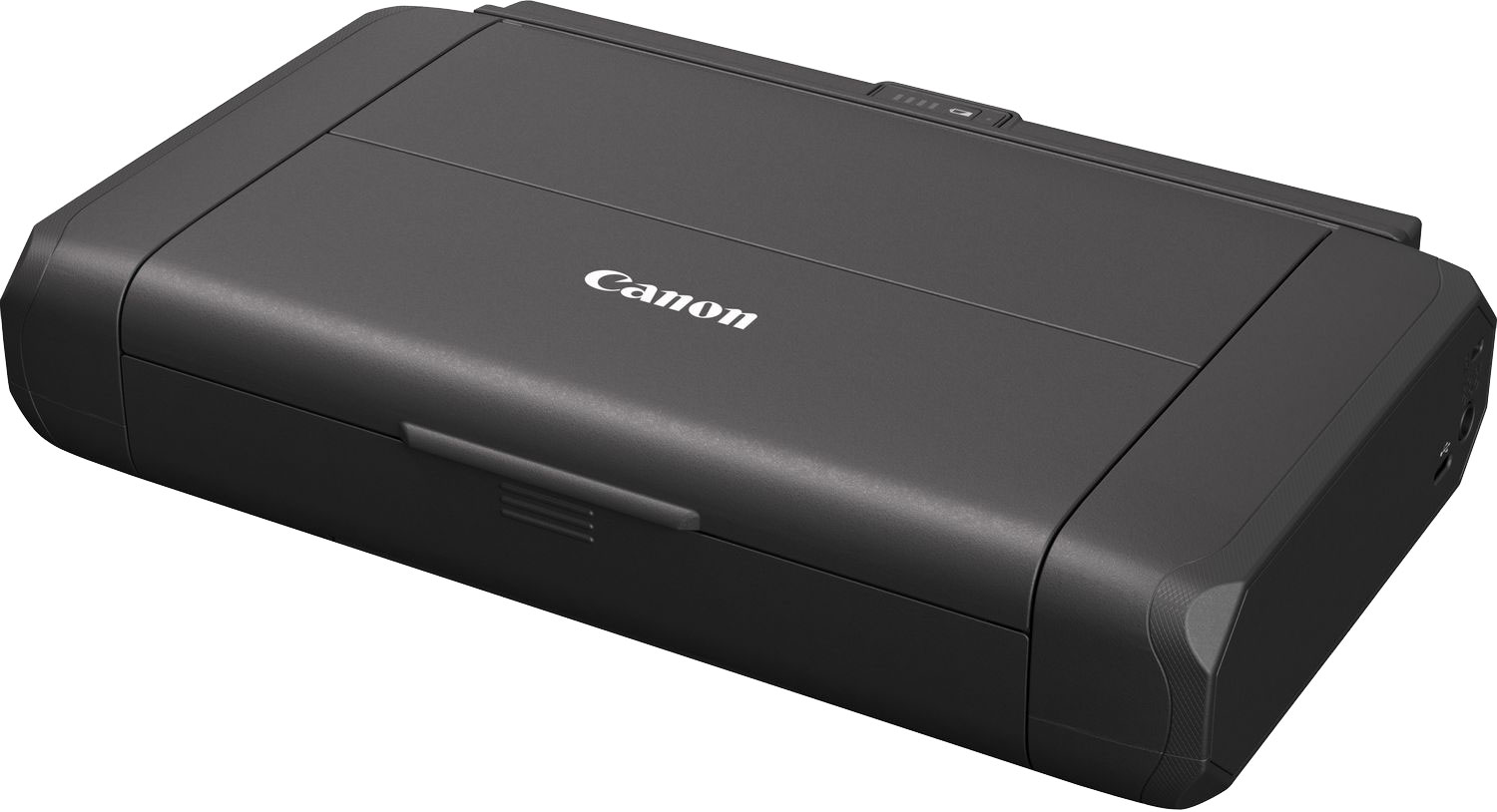 Zwarte Canon-printer. Hij is gesloten en heeft het Canon-logo.