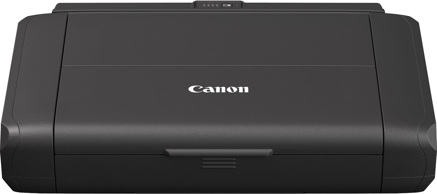 Een zwarte Canon-printer. Het Canon-logo staat in het midden. De printer staat op een witte achtergrond.